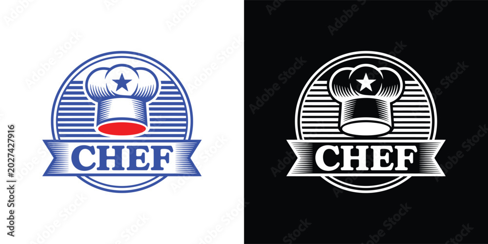 Fototapeta premium Vintage Chef Hat Logo Badge with Star and Engraved Lines Style Ribbon – Retro Restaurant, Bakery, Cooking School, and Culinary Identity Vector Illustration