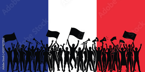 Quadro su tela Protest Crowd Silhouette Illustration with National Flag Demonstration Symbols f