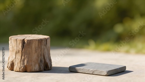 Wooden stump and stone slab outdoors