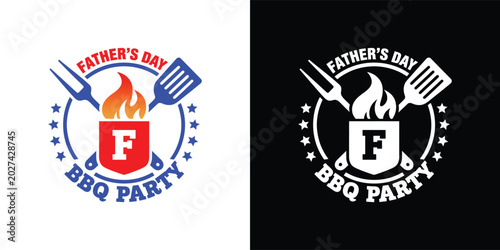 Father's Day BBQ Party Round Emblem with Shield, Grill Flame, Spatula and Fork – Retro Barbecue Cooking Event Stamp Vector Illustration