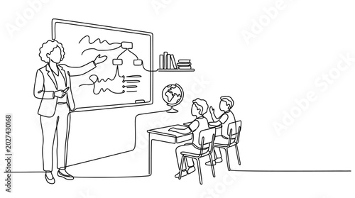 Photos Continuous line drawing of a teacher instructing students in a classroom setting