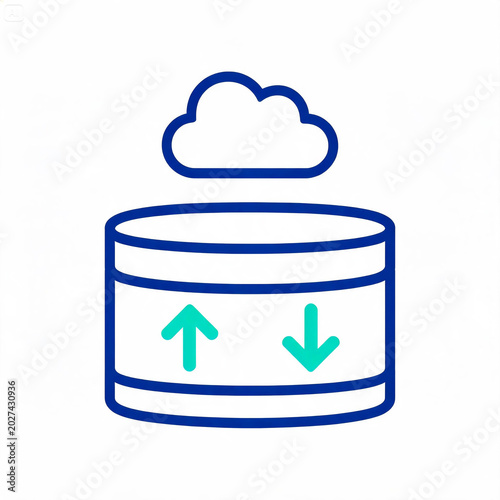 Database icon features a cloud symbol and bidirectional arrows to represent seamless data synchronization and storage connectivity.
