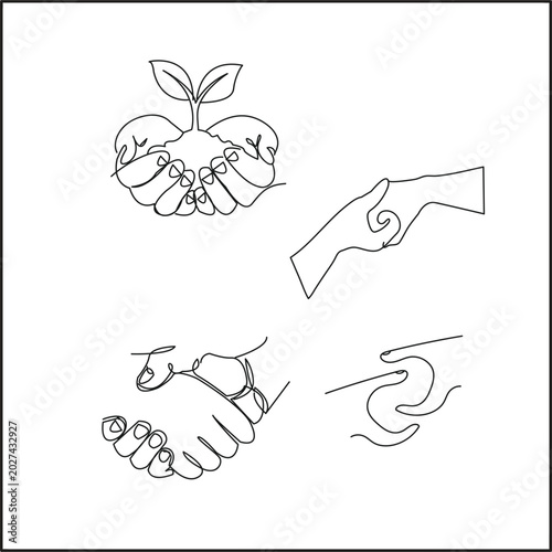 Fotografie continuous line drawing of Different hands, gestures, signals and signs Charity