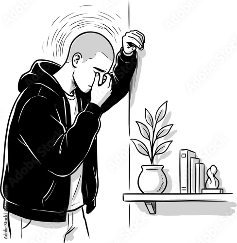 Stressed young man leaning on wall sketch. Hand drawn outline illustration of depressed guy holding head in hands from anxiety or pain.