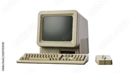 Foto Vintage beige computer monitor keyboard and mouse, isolated on transparent backg