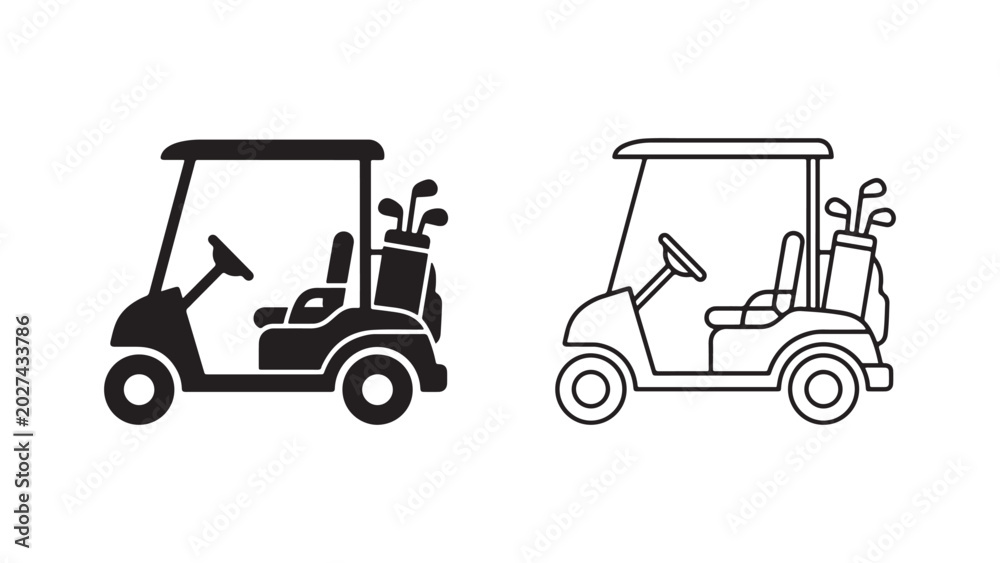 Fototapeta premium Two styles of golf cart icons featuring a solid black silhouette version and a simple line art outline version for sports branding and navigation design elements to represent vehicle transportation