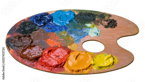 Tableau sur toile Artist s wooden palette with vibrant oil paints, isolated on transparent backgro