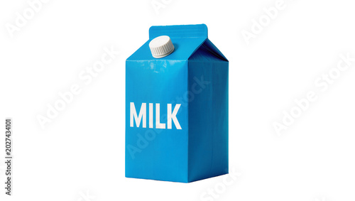 Blue milk carton with white cap and text, isolated on transparent background