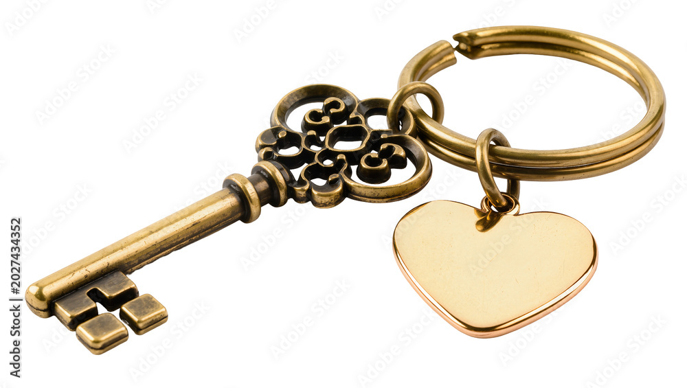 Αυτοκόλλητο Antique brass skeleton key with heart charm on keychain, isolated on transparent