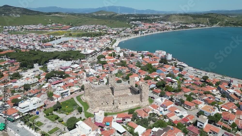 Aerial View of Candarli Castle and Coastal Town at Sunny Day, Izmir, Turkey. High quality 4k footage