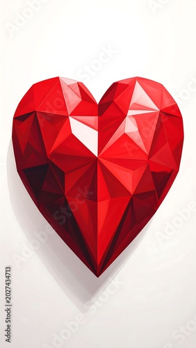 Vibrant, faceted, geometric red heart on a plain white background