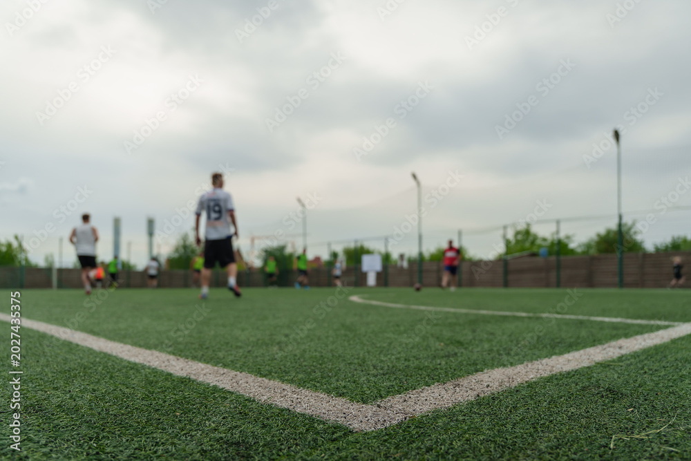 Obraz premium Wide angle view of a green soccer field with white boundary markings under a cloudy sky, professional football stadium backdrop, outdoor training arena