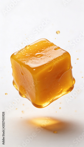 Fresh Ripe Mango Cube with Wet Water Drops Floating on Clean Studio Background