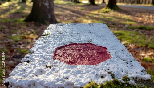 Old weathered concrete boundary stone with red painted octagon symbol in a forest setting.