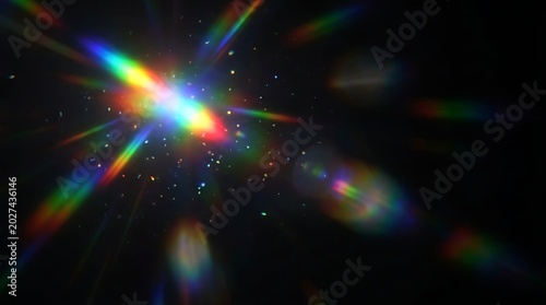 Vibrant Rainbow Lens Flare Effect with Sparkling Particles on Black Background