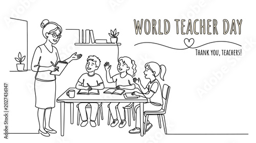 Photos Continuous line drawing of a teacher instructing young students in a classroom setting for World Teachers Day