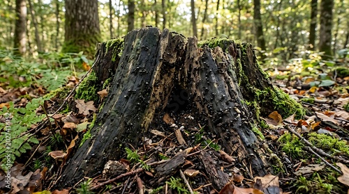 Old weathered tree stump in the middle of a forest.