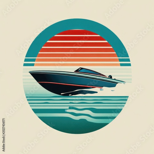 Sleek speed boat glides on stylized water under retro sunset