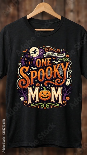 One Spooky Mom Halloween Graphic Design on Black T-Shirt.