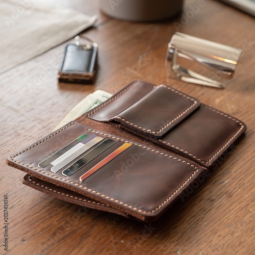 Open Handmade Leather Wallet with Credit Cards on Wooden Table.
