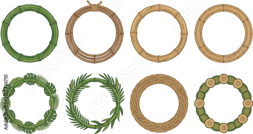 Foto Bamboo frame vector set collection featuring round circular wooden borders tropi
