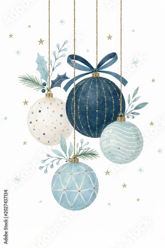Watercolor Christmas Ornaments in Blue White and Gold Hanging from Delicate Golden Strings with Stars and Soft Botanical Accents in a Refined Festive Composition