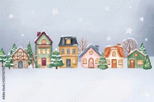 Watercolor Winter Village Scene Featuring a Row of Colorful Houses in Yellow Pink Green and Brown Covered in Snow with Evergreen Trees and a Soft Gray Sky Filled with White Stars Creating a Cozy Festi