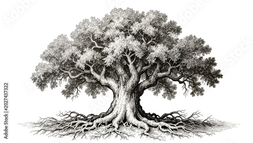 Tableau sur toile Massive ancient oak tree with sprawling roots detailed foliage, isolated on tran