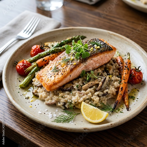 Pan Seared Salmon Fillet Served With Mushroom Risotto and Roasted Vegetables.