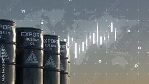 Animated Russian oil export barrels with financial charts and world map backdrop. Ideal for energy, sanctions, economy and geopolitics content. Part of series. 3d Animation, Ultra HD 3840x2160