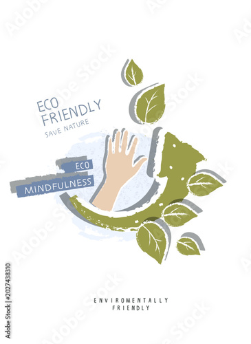 Tablou pe pânză Vector hand drawn cartoon sign sketch of green leaves with supporting hand as a sign of eco friendly