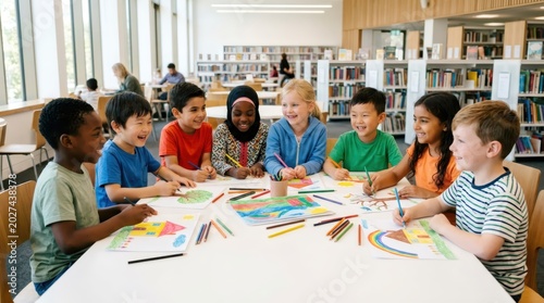 Diverse group of kids drawing with colored pencils at library table. Children of various ethnicities enjoy creative art project during school lesson. Education and friendship concept.