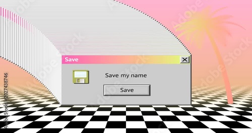 Glitching vaporwave scene with retro dialog box window with icon and palm tree on checkerboard floor