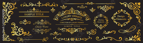 Obraz na płótnie Elegant gold vintage ornaments and decorative flourishes isolated on black background