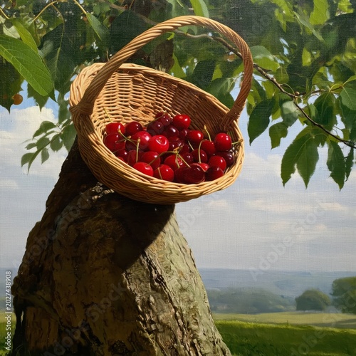 Cherry Basket Hanging on Tree Branch During Harvest Season in Summer