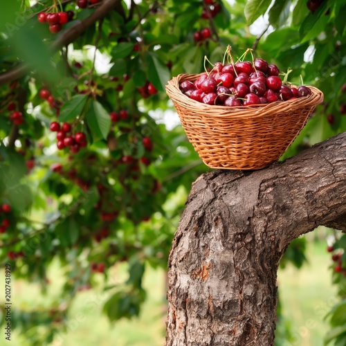 Cherry Harvest in a Basket on a Tree Branch During Sunset in a Garden