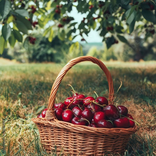 Freshly Picked Cherries in a Woven Basket Under Green Trees