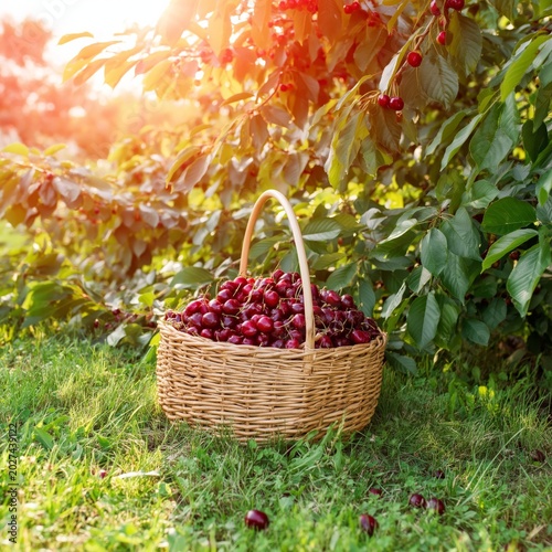 Basket Filled With Cherries in an Orchard During Sunset Hours