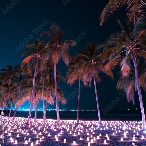 Palm Trees Glow Under Night Sky With Candles on the Beach Near Water in Tropi...