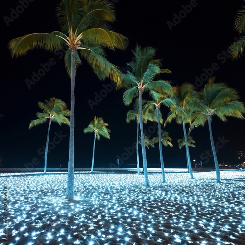 Palm Trees Glow Under Night Sky With Candles on the Beach Near Water in Tropi...