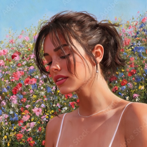 Woman Poses in Front of Colorful Flower Field on a Sunny Day