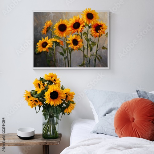 Sunflowers on a Bed Near a Headboard in a Bright Room During Daytime
