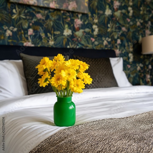 Bright Yellow Flowers in Green Vase on Nightstand Next to Bed in Room With Pa...