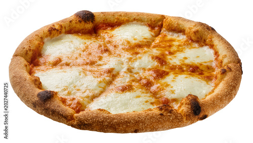 Fotografie Whole Margherita pizza with melted mozzarella cheese and tomato sauce, isolated