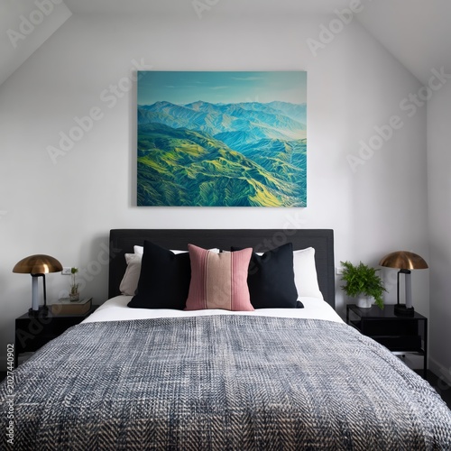 Modern Bedroom With Mountain Art and Cozy Decor in a Bright Setting
