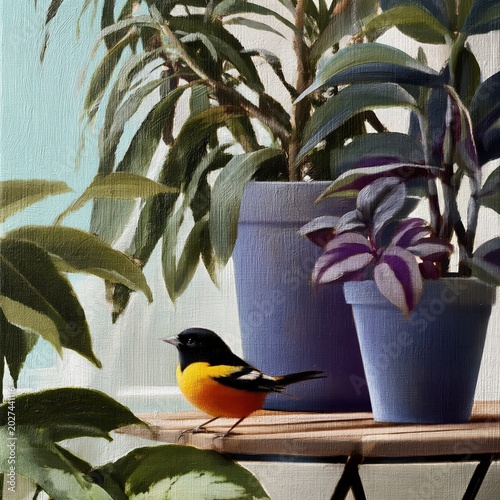 Bird Sits on a Wooden Table Near Potted Plants in a Light Room During the Day