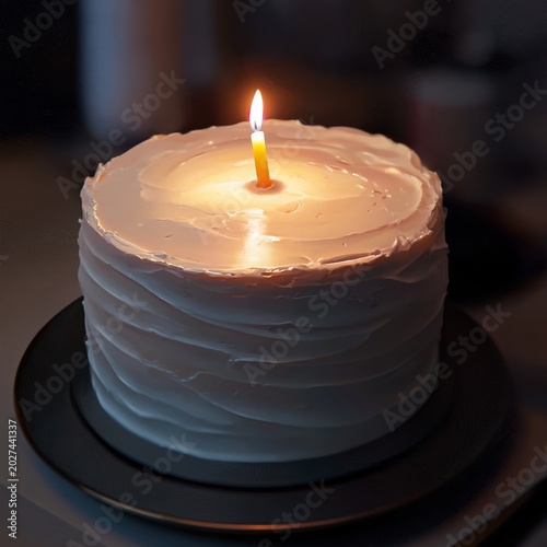 Birthday Cake With a Single Candle on a White Plate in a Dim Setting