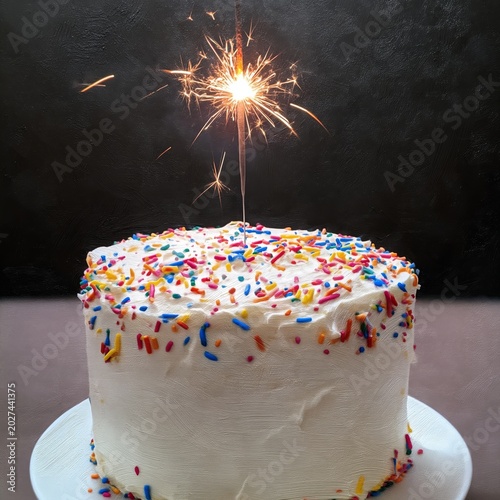 Celebration Cake With Sparkler on Top and Colorful Sprinkles for a Birthday P...