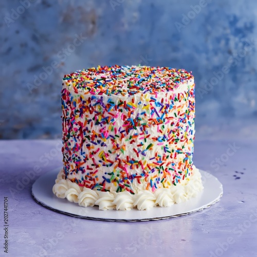 Colorful Cake Decorated With Sprinkles Ready for Celebration in a Bright Kitchen