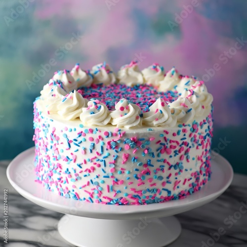 Celebration Cake With Pink and Blue Sprinkles on a White Frosted Layer on a R...